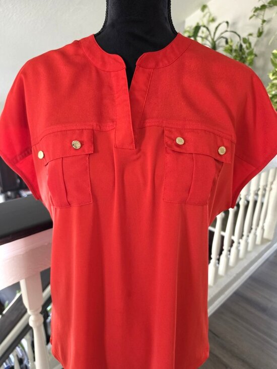 Calvin Klein Tops - Calvin Klein Women'sOrange/Red Solid Split Neck Short Sleeve Blouse Size M
